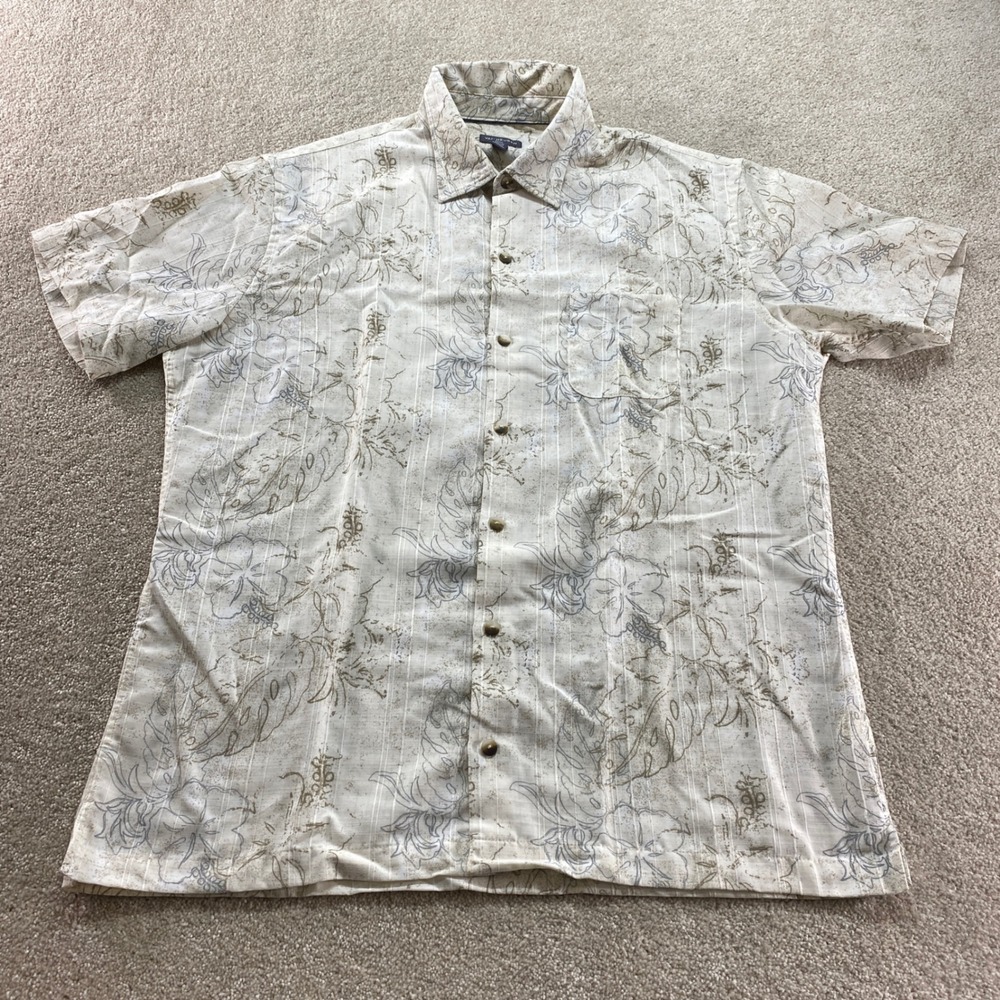 Van Heusen Air Button Up Shirt Mens Large Cream Floral Tropical Short Sleeve
